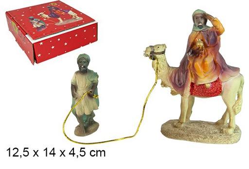 [103396] Figura resina Presepe Baltasar con cammello e paggio in resina 12,5 cm