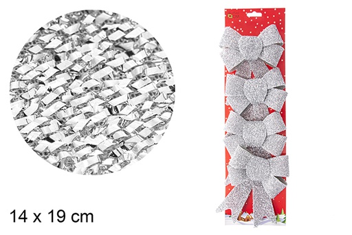 [103543] Pack 4 noeuds de Noël argentés 14x19 cm