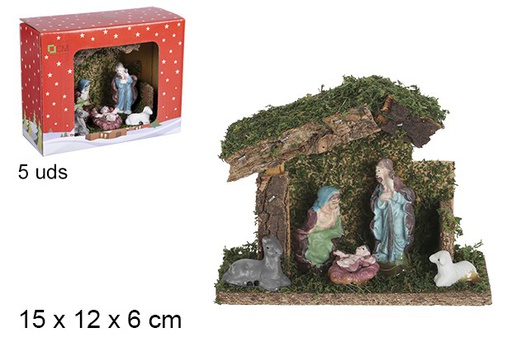 [103558] Nacimiento 5 piezas pesebre madera 15x12x6 cm