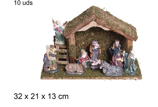 [103560] Nativity scene 10 pieces wooden manger 32x21 cm