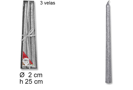 [103778] Pack 3 bougies lisses à paillettes argent 25 cm