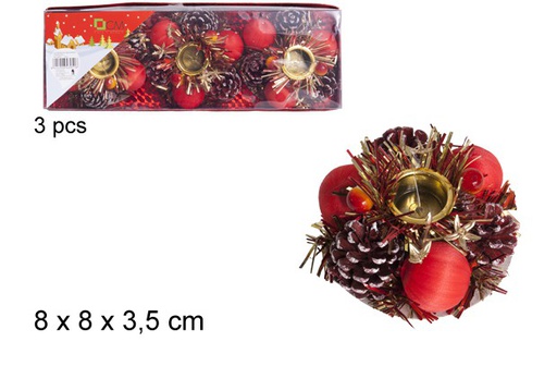 [103961] Pack 3 red Christmas candle holder with pine cone 8 cm