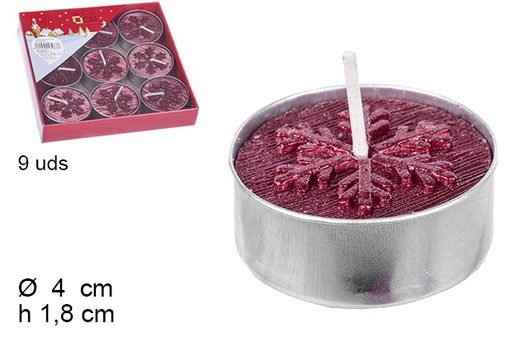 [103983] Pack 9 red candles decorated with Christmas snowflakes 4 cm