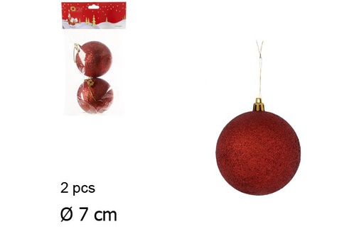 [104037] Pack 2 glitter red Christmas bauble 7 cm