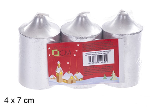 [104039] Pack 3 silver Christmas taco candles 4x7 cm