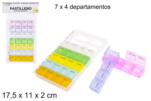[102367] Pilulier plastique 28 compartiments hebdomadaires 17,5x11 cm